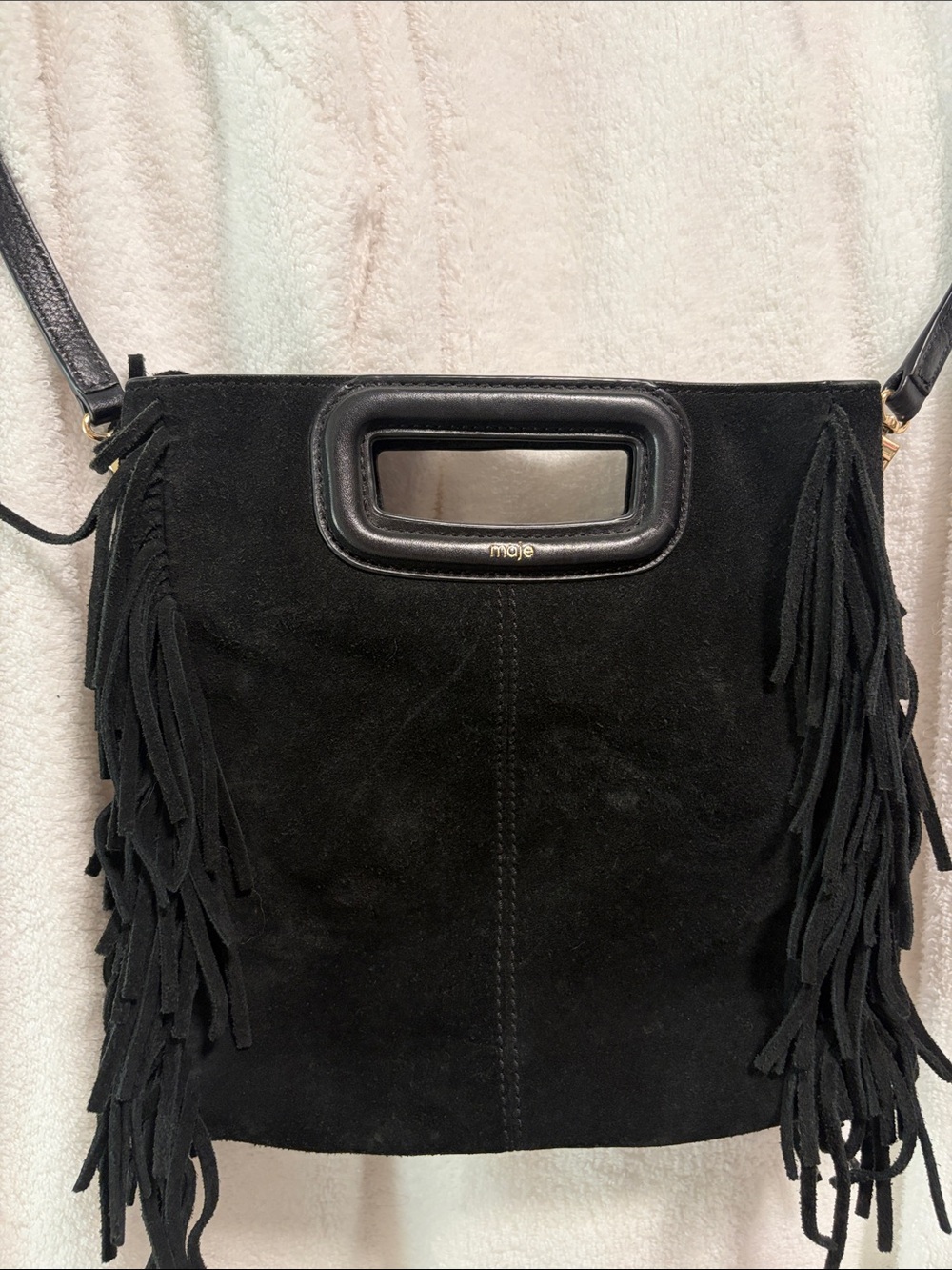 Maje Black Suede Fringe Crossbody with Cutout Handle